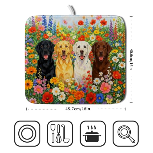 Flower Dog Dish Drying Mat Spring Floral Microfiber Absorbent Dish Drying Pad for Kitchen Counter (Flower Dog Colorful / 18" x 16")
