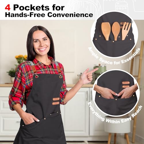 chef apron bib tool apron for man woman cross back straps with 4 pockets for kitchen cooking gardening baking working (Black)