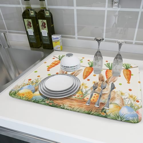 Easter Bunny Dish Drying Mat Eggs Carrot Dishes Drainer Pad Absorbent Reversible Dish Rack Mat Protector for Kitchen Countertop 18x24 Inch (Easter Bunny Carrot / 18" x 24")