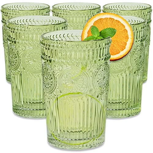 Vintage Ribbed Green Drinking Glasses Set of 6 (Sage Green / 13 Ounces)