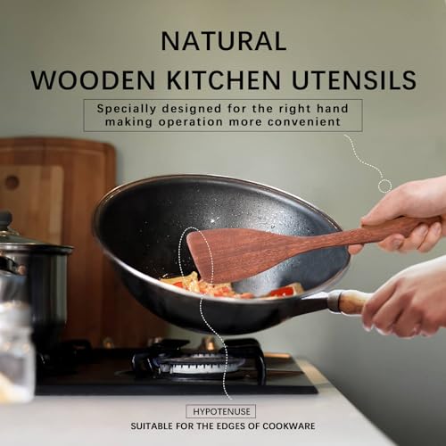 Wooden Spatulas for Cooking (Mahogany Reddish Brown / Thin 12.8" Angled Edge)