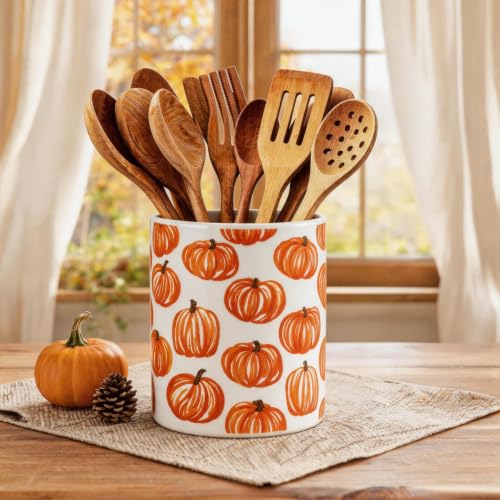 Fall Ceramic Utensil Holder Orange Full Print Pumpkin Kitchen Crock for Autumn Harvest Thanksgiving Countertop Storage Organizer (Orange Pumpkin)