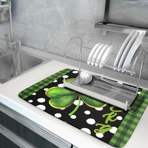 St. Patrick's Day Dish Drying Mats 18x24 Inch Green Clover Shamrock Lucky Kitchen Mat Polka Dot Microfiber Drying Mats Ultra Absorbent Reversible Dishes Drying Rack Pad for Kitchen Countertops (St Patricks Day Lucky Shamrocks-Dot / 18" x 24")