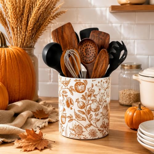 Fall Ceramic Utensil Holder Kitchen Decor Vintage Floral Fruit Bird Flower Utensils Crock for Autumn Thanksgiving Farmhouse Home Kitchen Countertop Organizer Container