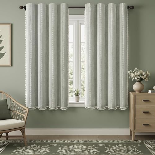 Sage Green Boho Blackout Curtains 2 Panels with Tassels 52W X 61L (Sage Green / 52"W x 61"L (Pack of 2))