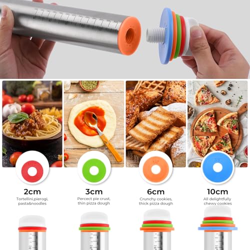 Adjustable Rolling Pin With Thickness Rings&Silicone Baking Pastry Mat Set (A-Red)