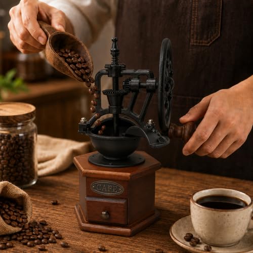 Vintage Manual Coffee Grinder with Cast Iron Ferris Wheel Hand Crank (Espresso Brown (Hexagon Base))
