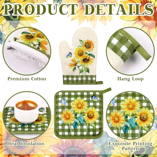 6 Retro Sunflower Kitchen Towels Oven Mitts and Pot Holders Sets (Yellow / Novelty Sunflower)