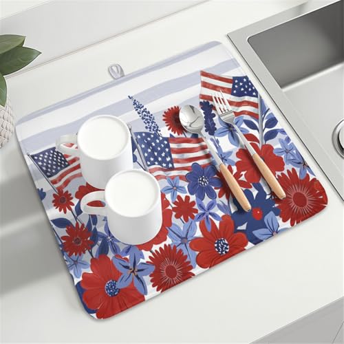 Patriotic Floral Dish Drying Mat for Kitchen Counter 4th of July American Flag Microfiber Dish Drainer Mat Red and Blue Flower Absorbent Washable Drying Pad 16"x18" (Patriotic Floral Flag / 18" x 16")