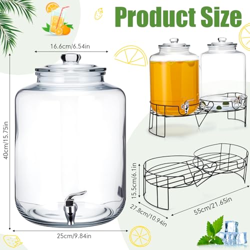 2 Pack 4 Gallon Glass Drink Dispenser for Parties Large Glass Beverage Dispenser with Stand and Spigot Leakproof Water Storage Lemonade Juice Jar Mason with Lids for Wedding Parties Kitchen (4 Gallon)