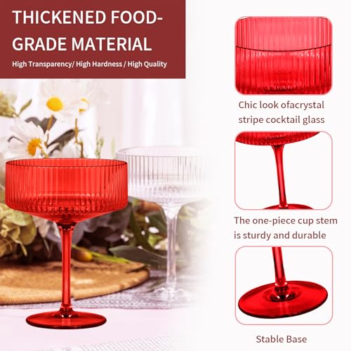 6 Pieces Martini Glasses 10.5oz Plasitc Ribbed Coupe Glasses Champagne Shatterproof Acrylic Vintage Cocktail Glassware Margarita Wine Glasses Disposable Cups for Parties Wedding Anniversary Bar Red (Red / 6 PCS)