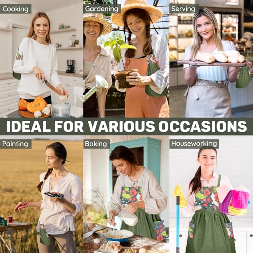 Vintage Ruffle Pinafore Chef Apron Dress with 2 Pockets for Women Girls (Floral Green)