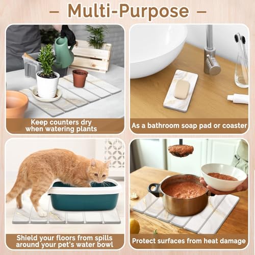 Small Stone Dish Drying Mat for Kitchen Counter (Gold White / 16" x 12")