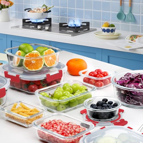 30 Pieces Glass Food Storage Containers Set with Lids (Red / 30 Pieces)