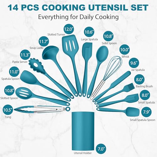 14 Pcs Silicone Kitchen Cooking Utensils Set with Holder (Dark Blue)