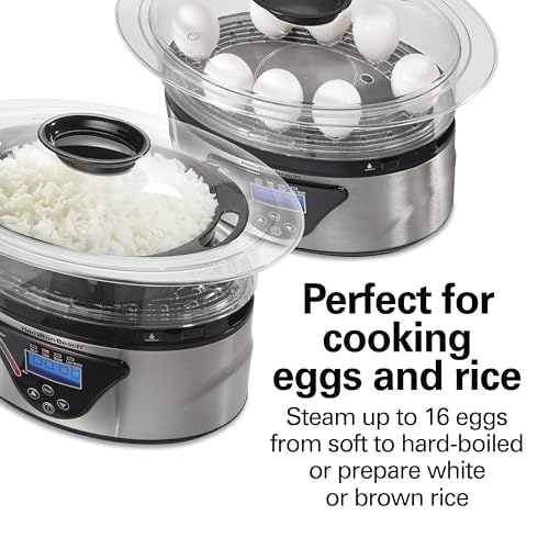 Digital Electric Food Steamer & Rice Cooker for Quick (Black & Stainless Steel / Stackable Two-Tier Bowls, 5.5 Quart)