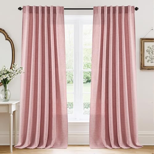 Linen Semi Sheer Curtains for Bedroom Living Room 96 inches Long (Z - Peach Blush / 52"W x 96"L (Pack of 2))