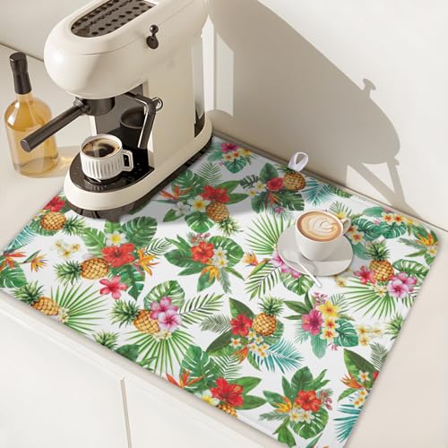 Summer Tropical Dish Drying Mat for Kitchen Counter Hawaii Palm Leaves Floral Pineapple Microfiber Dish Drainer Mat Rustic Absorbent Washable Drying Pad Extra Large 18"x24" (Summer Tropical / 24" x 18")