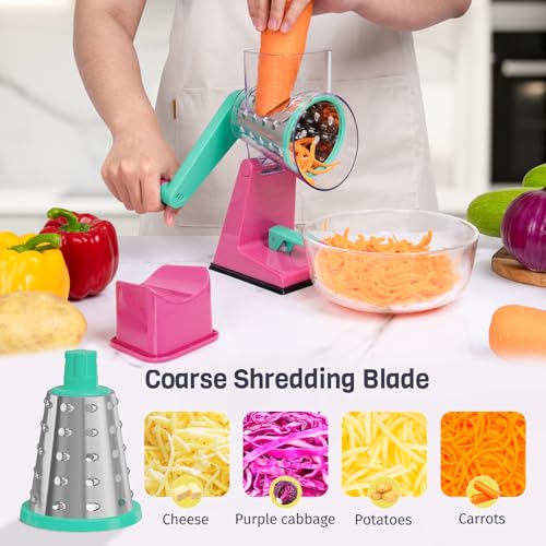 Upgraded Rotary Cheese Grater with 3 Interchangeable Stainless Steel Drums (Rose-red & Green)