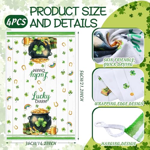 12 Pcs St. Patrick's Day Kitchen Towels Pot Holders and Oven Mitts Set 4 Green Clover Dish Towels 4 Shamrock Leprechaun Coins Oven Mitts 4 Gnomes Potholders for Xmas Dish Baking Decorative (Green Clover)