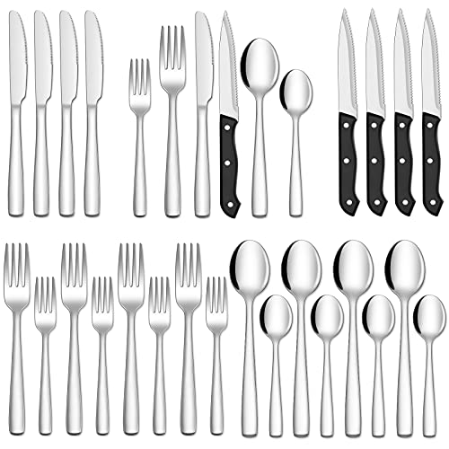 24 Piece Silverware Set with Steak Knives (Silver / 24-Piece)