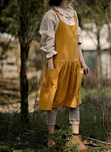 Japanese Cotton Cross Back Pinafore Apron for Women with Pockets Mustard (11 - Bright Yellow With Waist Ties)