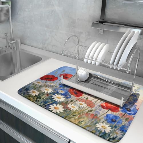 4th of July Dish Drying Mat for Kitchen Counter 18x24 Patriotic Floral Independence Day Memorial Holiday Absorbent Reversible Microfiber Drying Mats Kitchen Countertop Protector Dishes Drainer Pad (18" x 24")