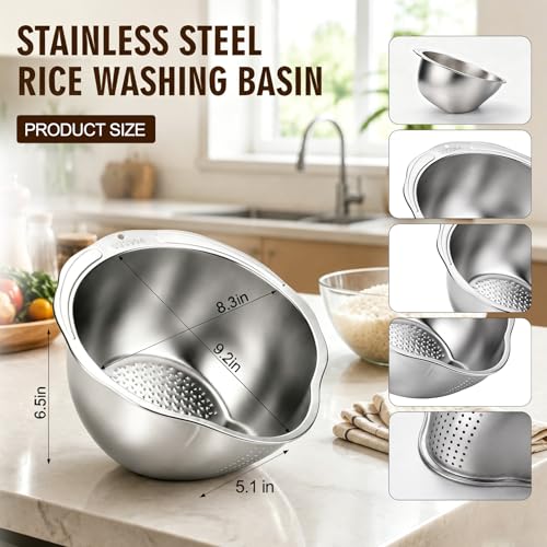 Rice Strainer & Rice Washing Bowl Stainless Steel (5.6 Qt Rice Strainer)