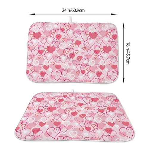 Valentines Day Dish Drying Mat 18 x 24 inch Pink Love Hearts Decorative Drying Mats Microfiber Absorbent Romantic Dish Washable Draining Mat for Kitchen Counter Decor (18x24 Inch / Pink Love Hearts)