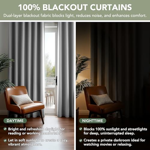 100% Blackout Linen Curtains for Bedroom Living Room 63 Inch Long (Light Grey/100% Blackout / 52"W x 63"L (Pack of 2))