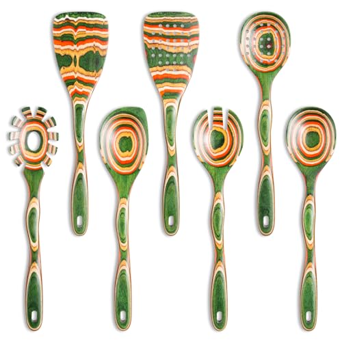 7Pcs Pakkawood Kitchen Utensils Set for Cooking (Green Spoon-7pcs)