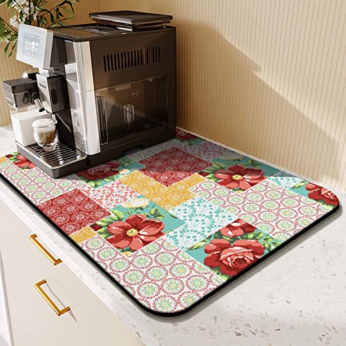 Coffee Bar Mat Accessories for Countertop Absorbent Hide Stain Rubber Backed Dish Drying Mats for Kitchen Counter Draining Pad Decor Gift (Teal Trellis / 16" x 24")