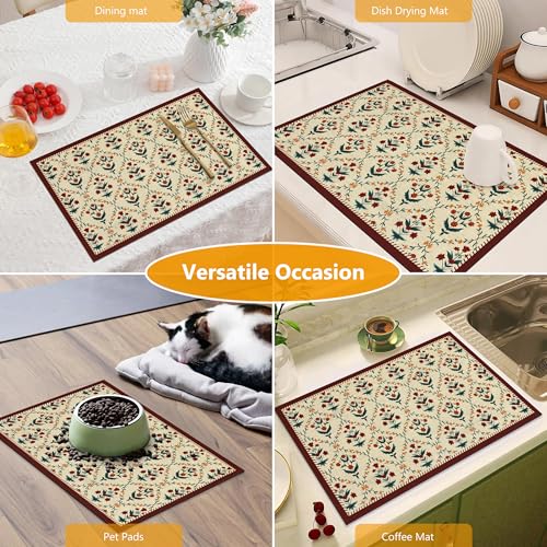 Coffee Mat Dish Drying Mat Hide Stain High Absorbent Bar Mat for Countertops Easy Clean (Vintage Small Flowers / 19" x 12")