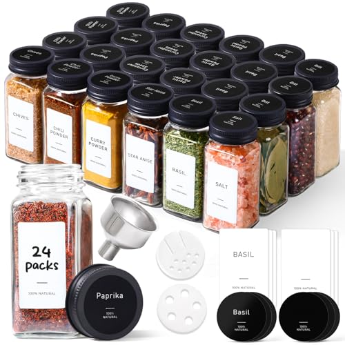 Glass Spice Jars with with Labels 4 oz 24 Pack Small Square Bulk Set (Metal Black Lids)