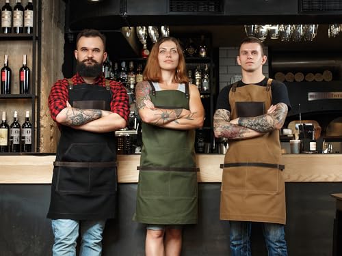 Black Apron in Canvas and Leather for Chef Work Bartender Barista Barber Shop Grill Master olpr. Made in USA (Blackbrown)