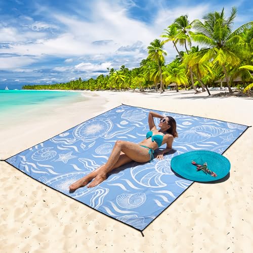 Beach Blanket Mat Waterproof Sandproof for 2 (Sea Creature - Blue / 79" X 83"（1-4person）)