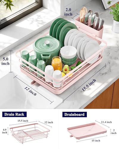 Dish Drying Rack for Kitchen Counter (Pink / 12''W x 15.5''L - 1 Tier)