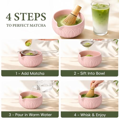 Matcha Whisk Set with Ceramic Bowl & Bamboo Chasen (Leaf Pink)