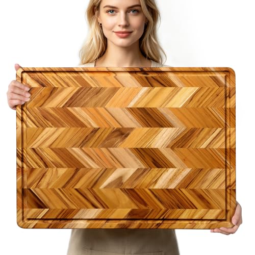 Teak Wood Cutting Board for Kitchen 24'' Extra Large End Grain Heavy Duty Checkered Cutting Board Non Toxic Best Handcrafted Solid Wood Decorative Charcuterie Butcher Block Meat Vegetables (24"L x 18"W x 1.25"H)