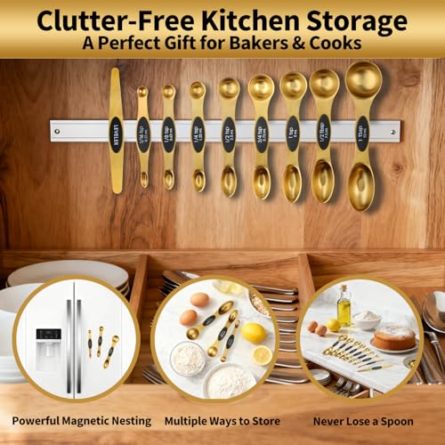 Gold Magnetic Measuring Spoons Set Stainless Steel with Leveler (Gold)