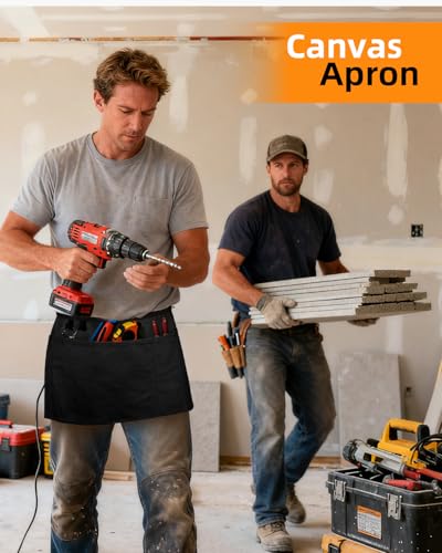 Short Canvas Work Waist Tool Apron with 3 Pockets (1 Pack Black Waist Utility Apron)