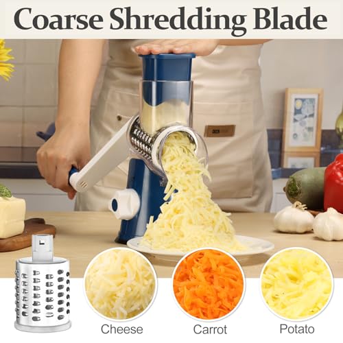Rotary Cheese Grater Hand Crank Cheese Shredder for Fresh Cheese (5 BLADES / Dark Blue)