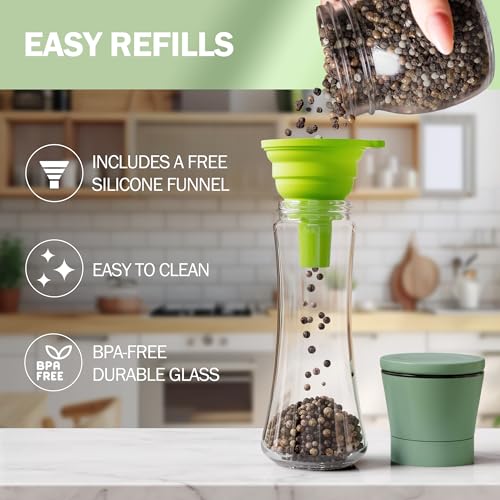 Premium Green Sea Salt and Pepper Grinder Set of 2 (Green Cap/Clear Glass / 2pk)