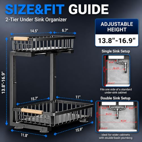 Under Sink Organizer 2 Pack (Black / 11.8"W x 15.9"D x 13.8-16.9"H)