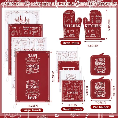 12 Pcs Farmhouse Kitchen Decor and Accessories Sets 4 Red Kitchen Towels 4 Absorbent Dishcloths 2 Pot Holders 2 Oven Mitts Gloves for Home Decor Mom Gifts (Red and White / Classic)