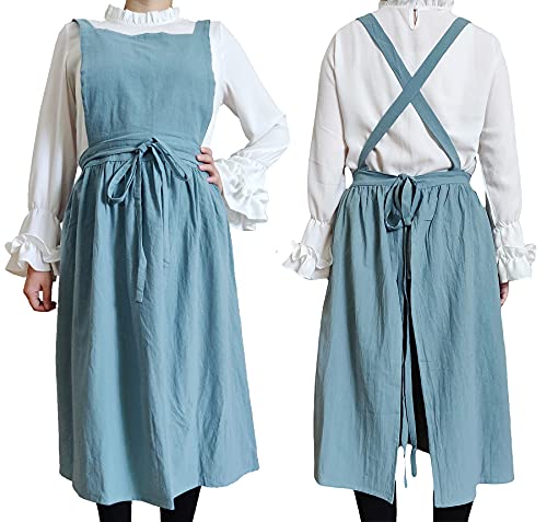 Women Girls Vintage Apron Gardening Works Cross Back Pinafore Dress (Green / One Size)