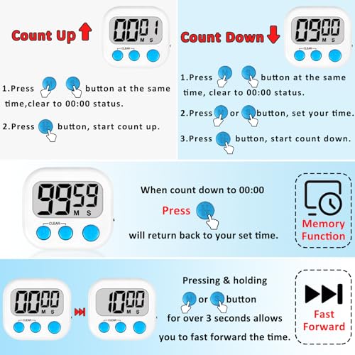 Digital Kitchen Classroom Timers for Kids Cooking 6pcs Wht Blu Grn (White & Blue & Green)