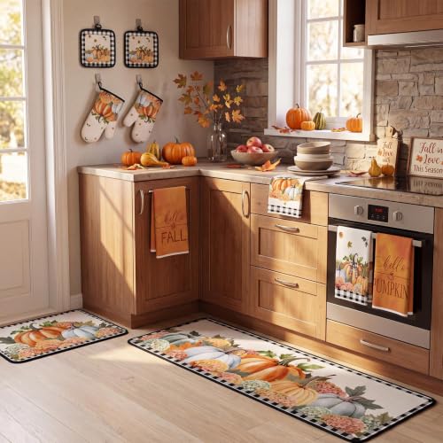 10 Pcs Fall Pumpkin Kitchen Decor Set Kitchen Towels Pot Holders Oven Mitts and Rugs Set Thanksgiving Towels for Baking Cooking BBQ Autumn Home (Beige, Orange / Vintage)