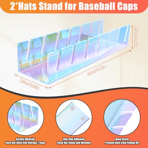 Hat Organizer for Baseball Caps Hat Rack Acrylic Hat Stand 2Pack No Install (Multicolor-2Pack)
