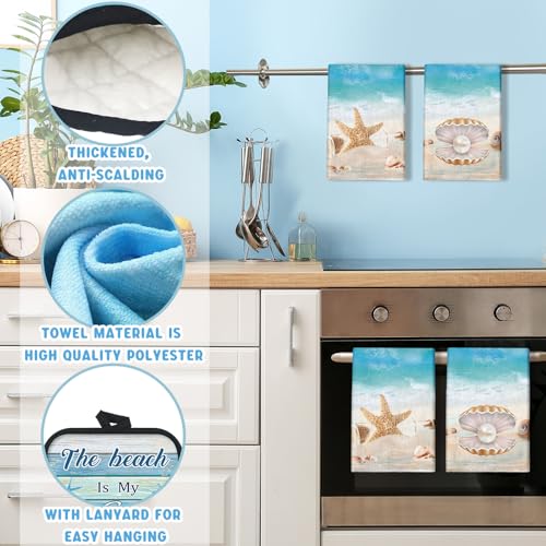 6 Pcs Summer Beach Kitchen Towels Pot Holders Oven Mitts Set (Beach)